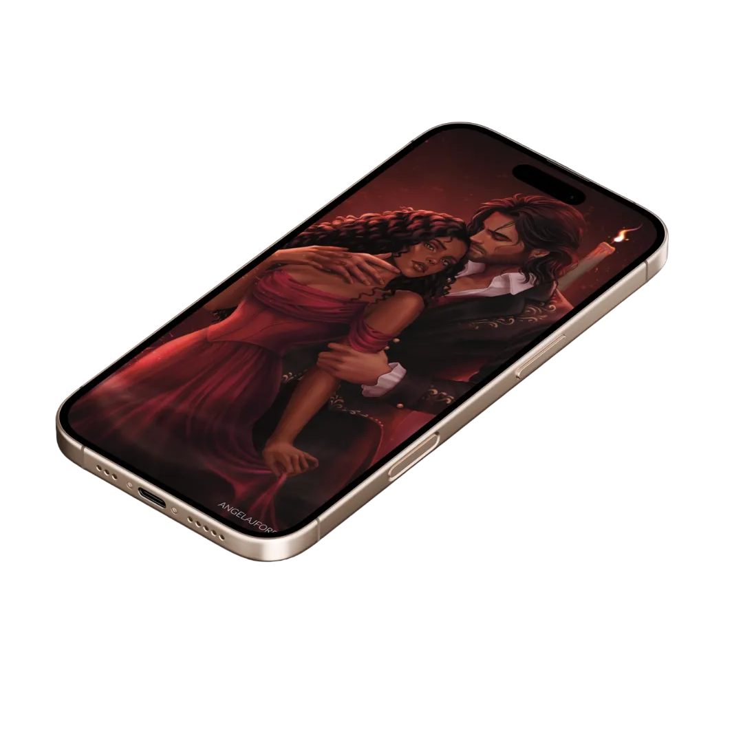 A smartphone shown at an angle against a dark navy background, displaying a romantic scene with two embracing figures in warm red and brown tones on the screen.
