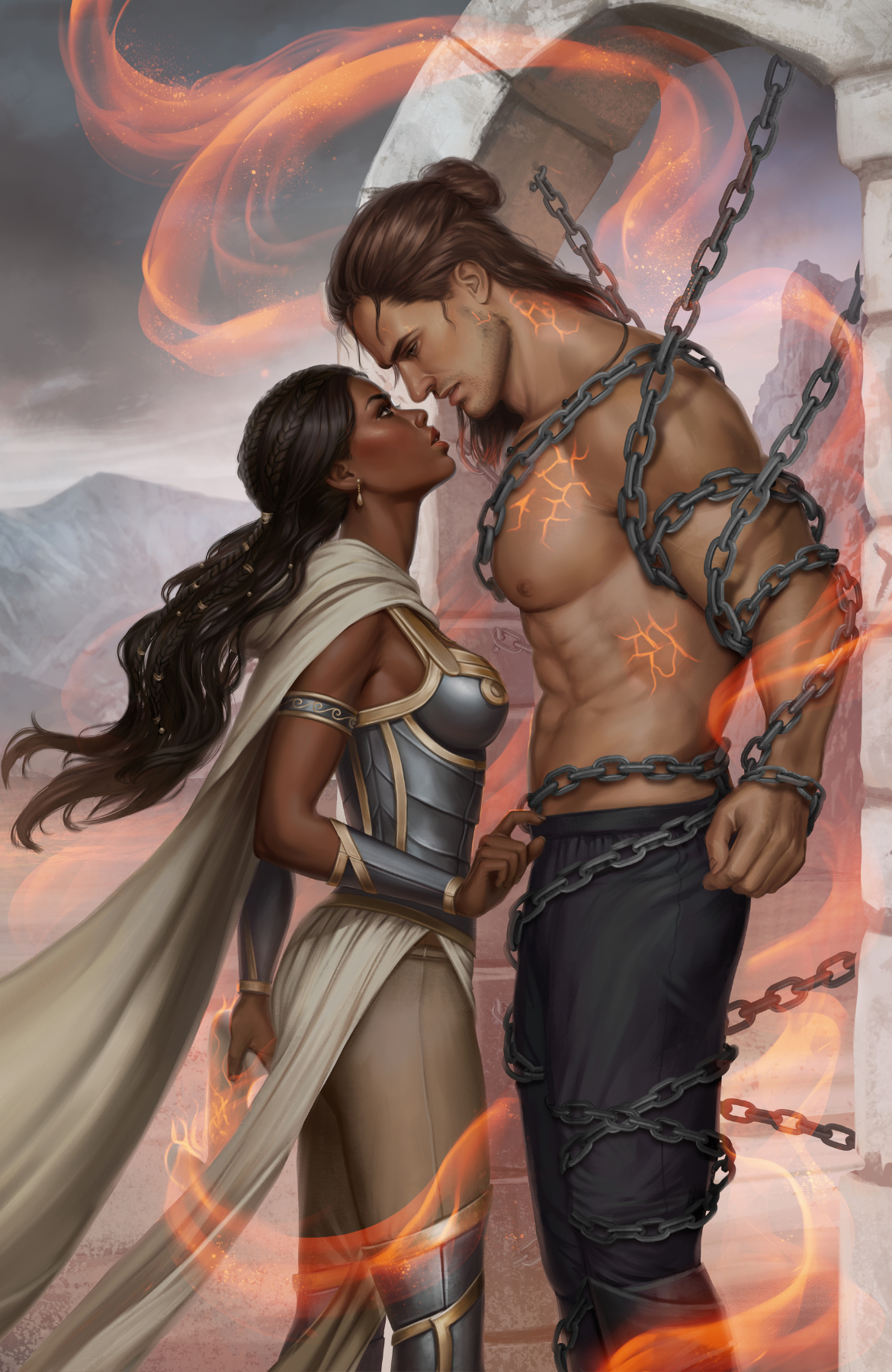 Fantasy digital illustration of a muscular bearded man bound in chains and a dark-skinned woman in armor and a flowing white cape, facing each other in an intense moment with glowing orange energy swirling around them against a stone archway background.
