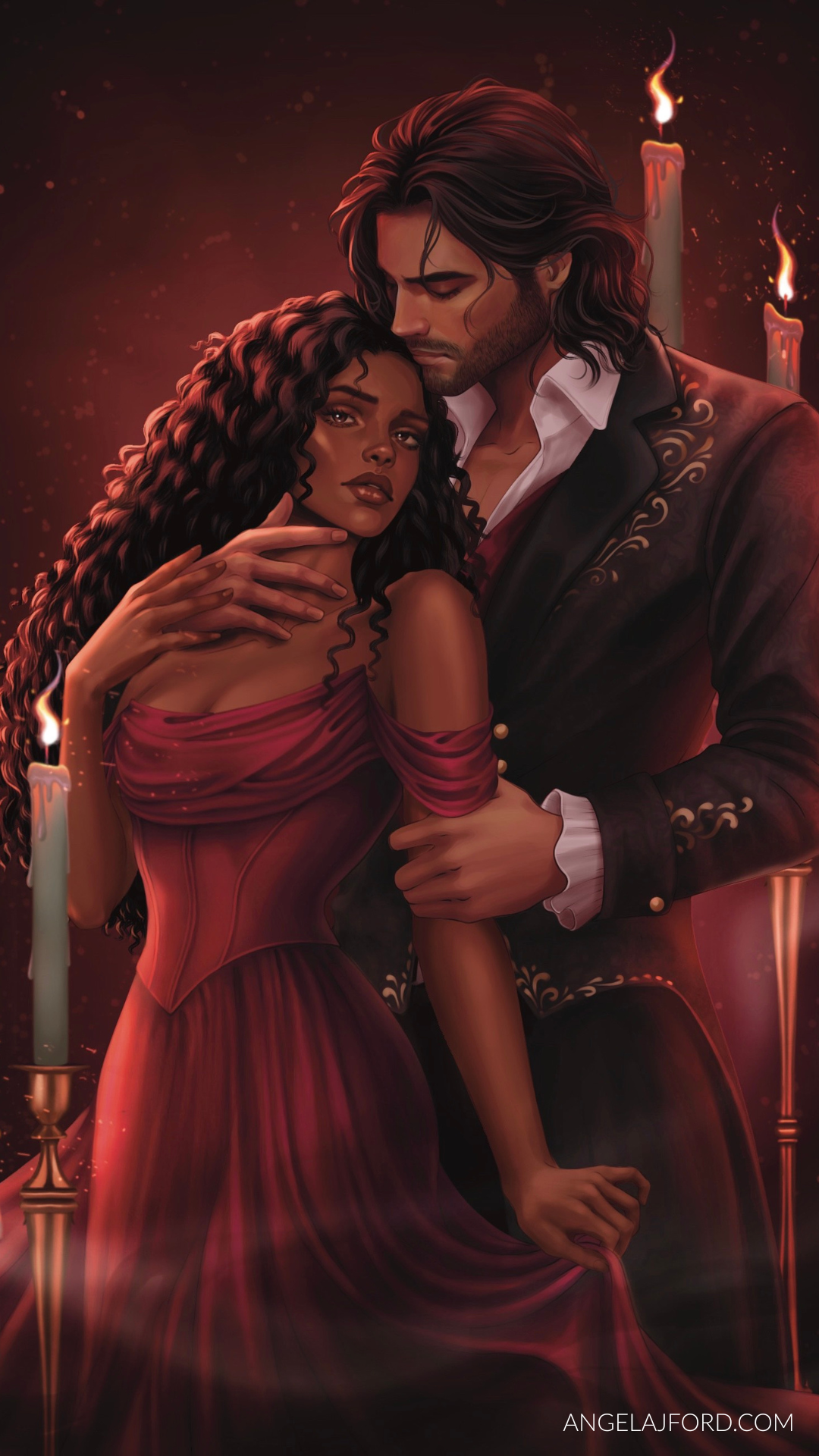 Digital illustration of a romantic gothic scene featuring a man in a dark embroidered coat embracing a woman in a deep red gown, surrounded by glowing candles in a dark, atmospheric setting.