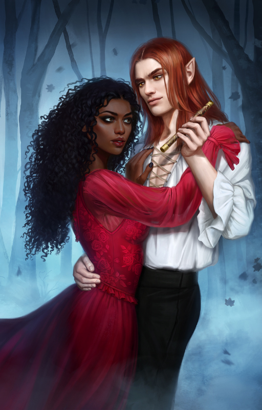 A dark-skinned woman with curly black hair in a red dress stands closely with a tall, pale elf with long red hair and pointed ears. They embrace in a misty, moonlit forest, and the elf holds a golden flute.