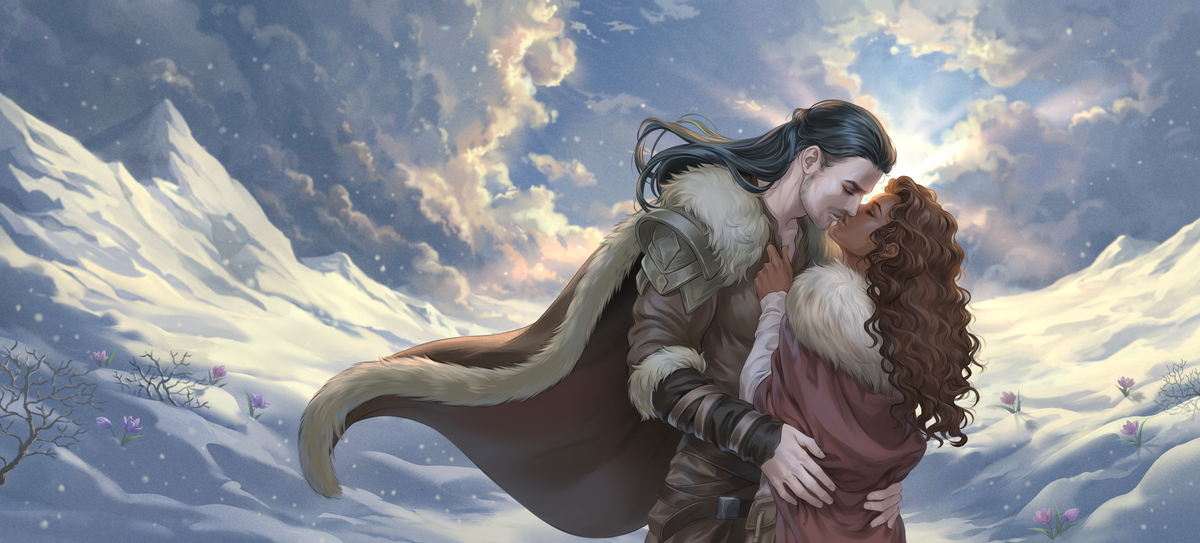Fantasy-style artwork of a man and woman embracing in a snowy mountain landscape under a dramatic cloudy sky. The man wears a dark cloak with light fur trim, and the woman has curly brown hair and a reddish-brown garment.