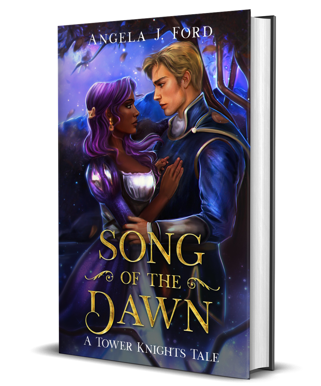 3D-rendered book cover for “Song of the Dawn” by Angela J. Ford. It shows a purple-haired woman in a white and purple dress and a blond man in a blue uniform gazing at each other in a magical, nighttime forest.