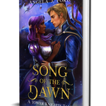 3D-rendered book cover for “Song of the Dawn” by Angela J. Ford. It shows a purple-haired woman in a white and purple dress and a blond man in a blue uniform gazing at each other in a magical, nighttime forest.