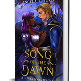 3D-rendered book cover for “Song of the Dawn” by Angela J. Ford. It shows a purple-haired woman in a white and purple dress and a blond man in a blue uniform gazing at each other in a magical, nighttime forest.