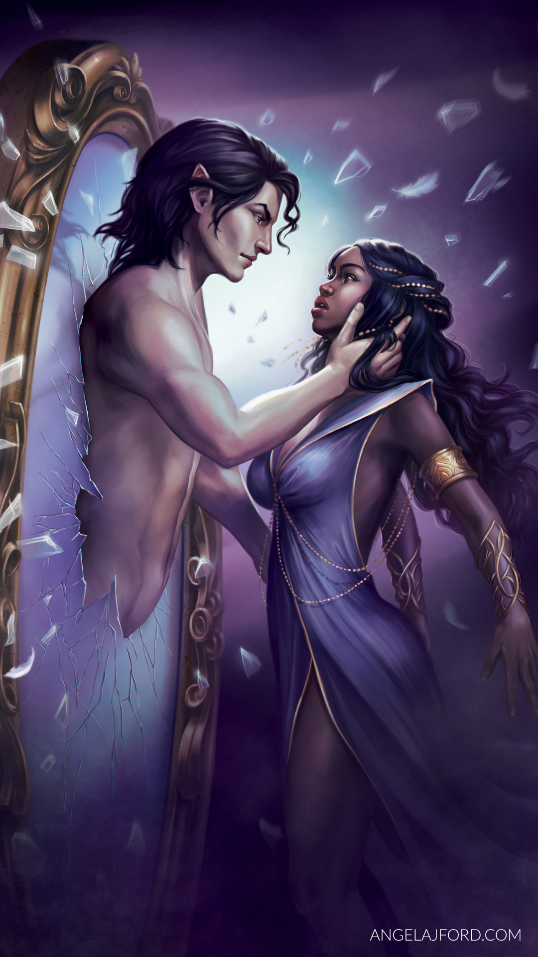 Fantasy digital artwork of a winged man and a woman in a purple gown, with feathers floating in a dreamy purple background. A small 'ANGELAJOURD.