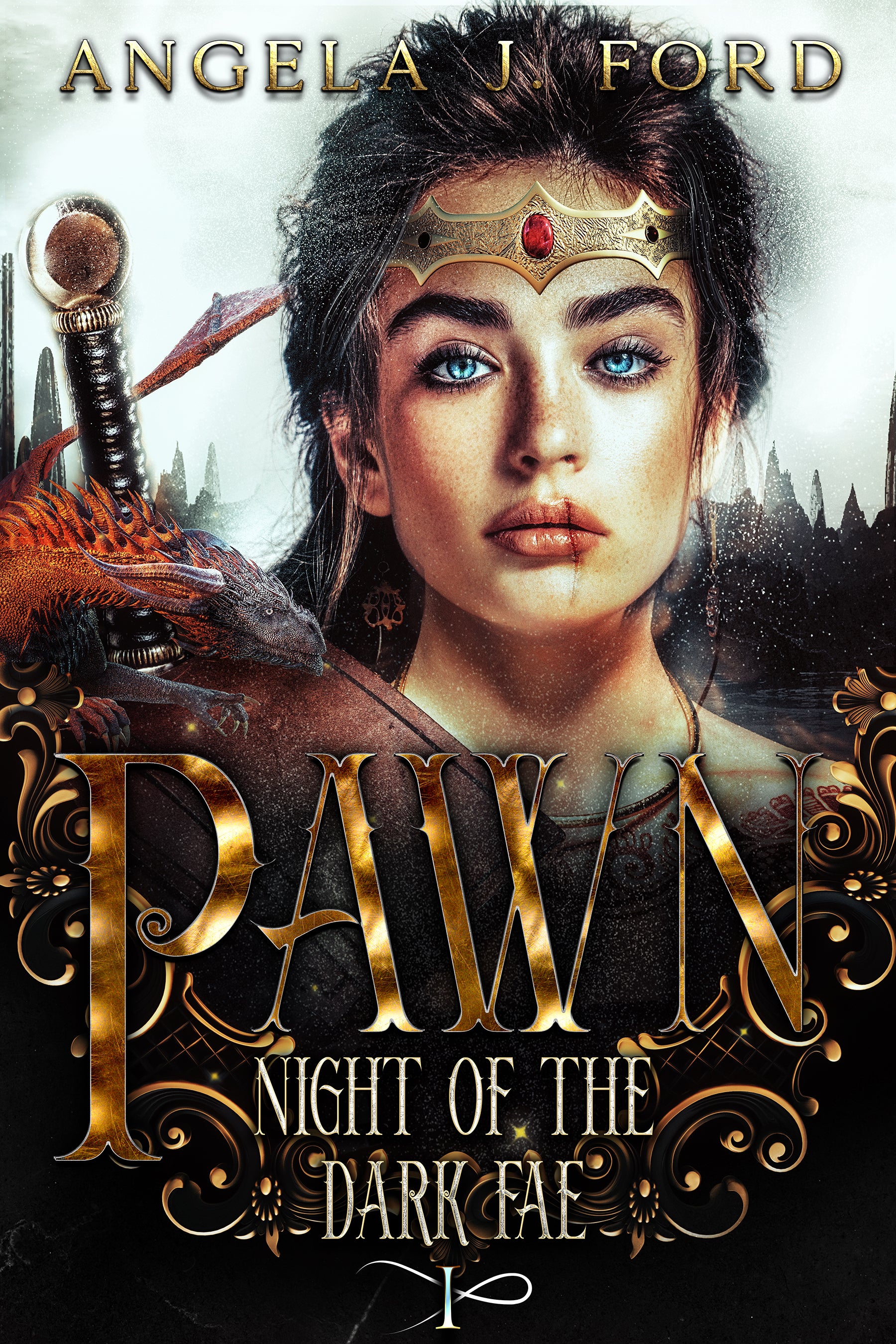 A fantasy book cover features a fierce woman with blue eyes, jeweled crown, and sword, set against a dramatic landscape. The title PAWN: Night of the Dark Fae and author Angela J. Ford are displayed in ornate gold text.